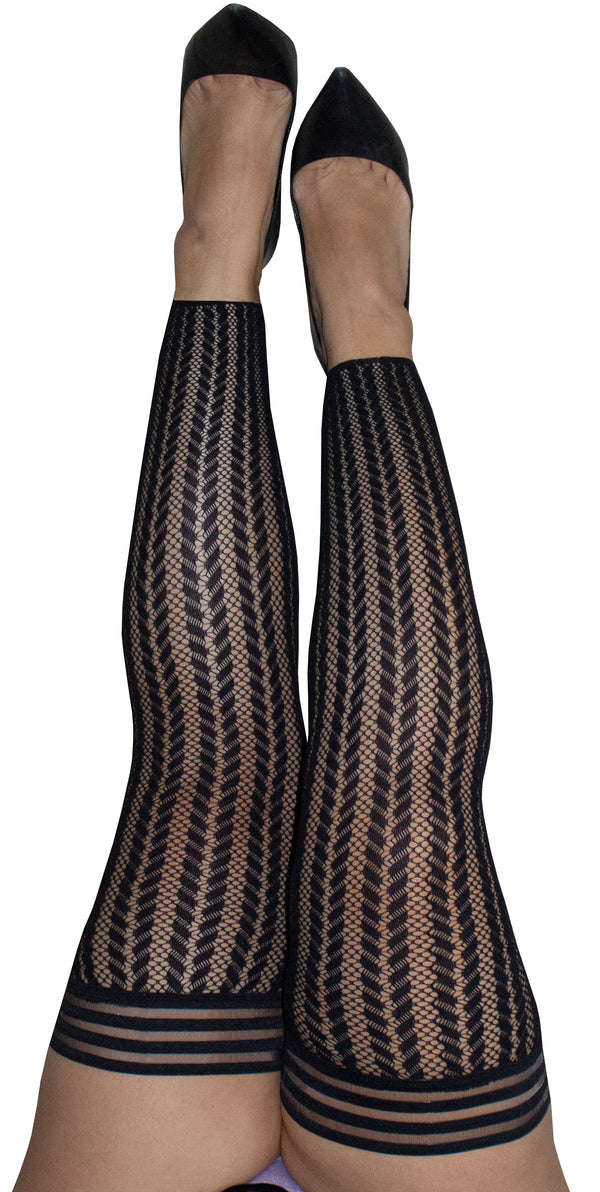 Footless thigh-high tights, stripe herringbone weave, black tights, Kixies