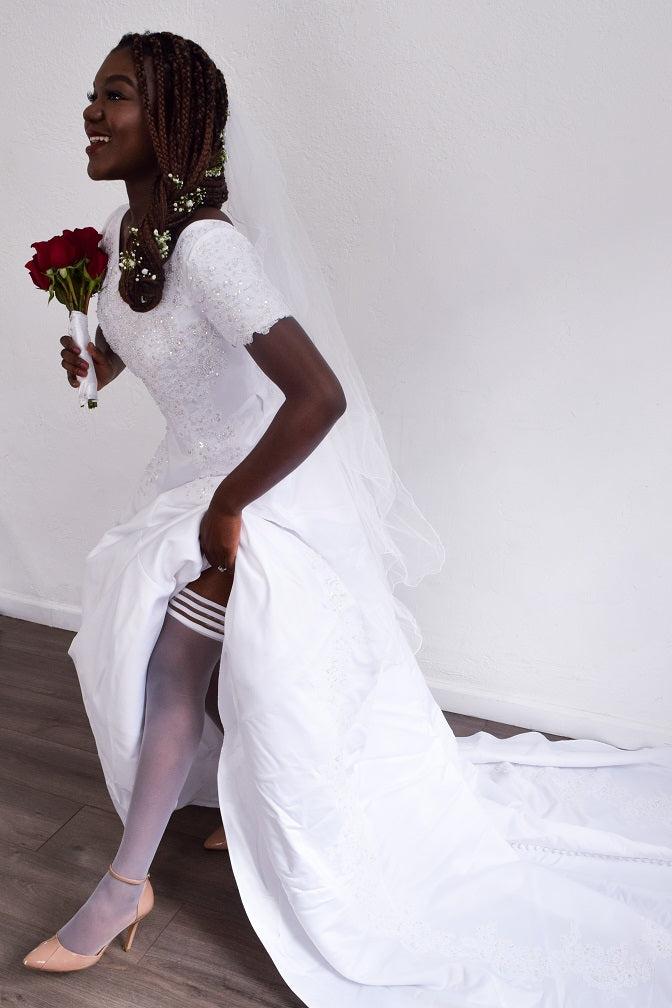 white sheer thigh high stockings for wedding day