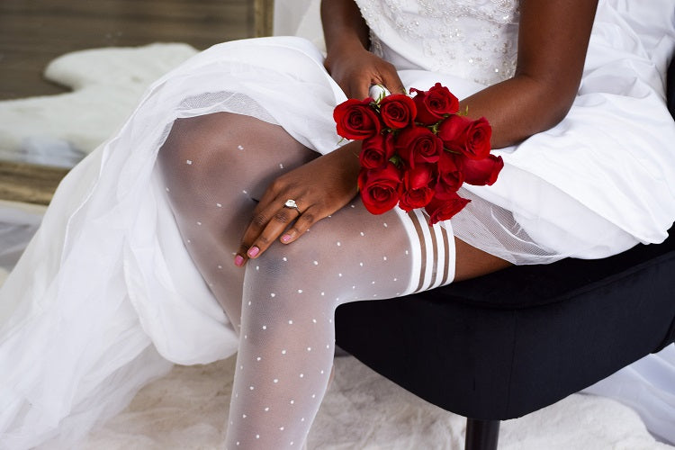 white sheer dot thigh high stockings for wedding day