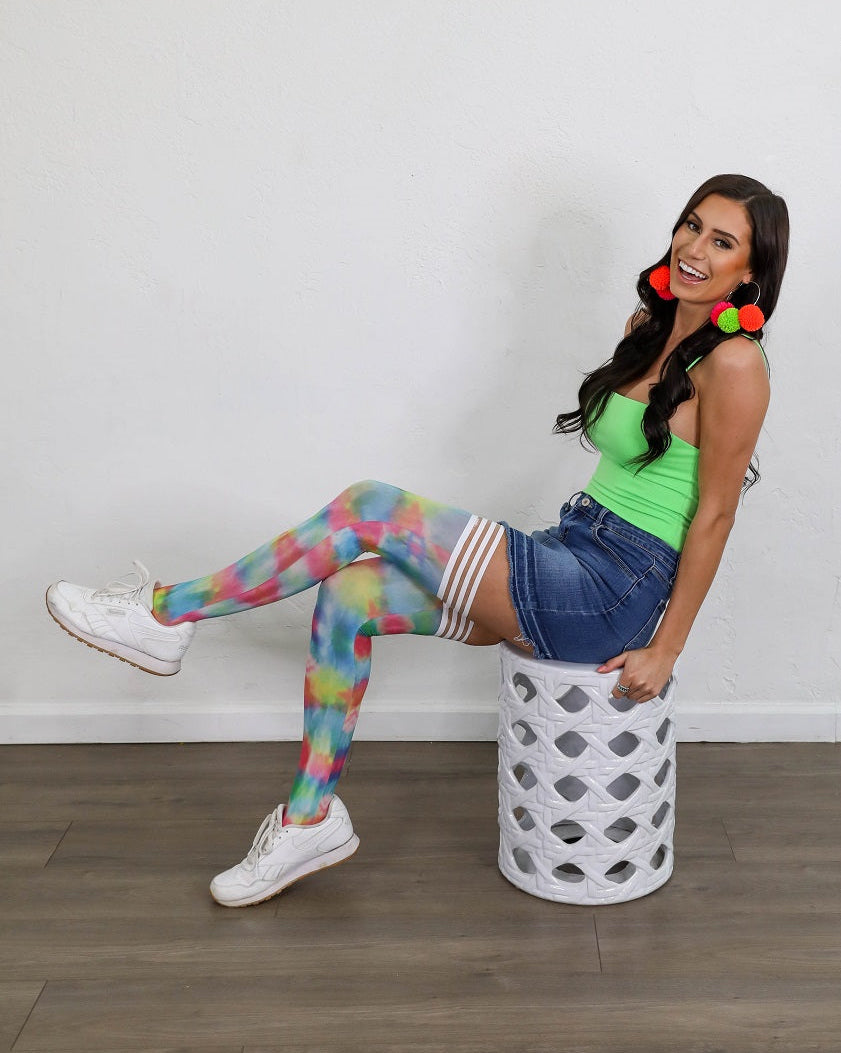 Tie Dye thigh high stockings, Kixies, Pride month, rainbow thigh highs, plus size, petite