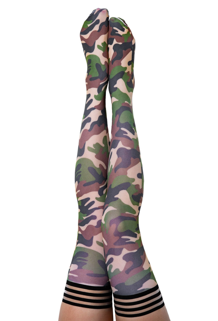 Straight Shooter Camo Stockings ($9) ❤ liked on Polyvore featuring  intimates, hosiery, tights, thigh high hos…