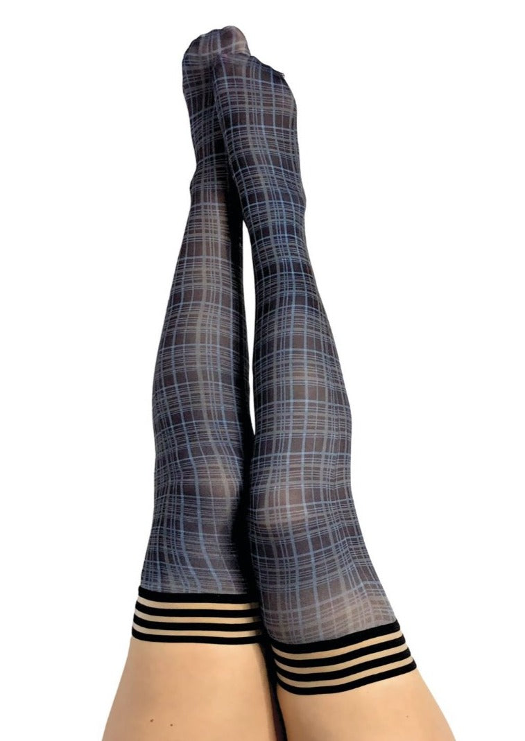 Debbie: Navy Plaid Thigh Highs. Petite to Plus Size