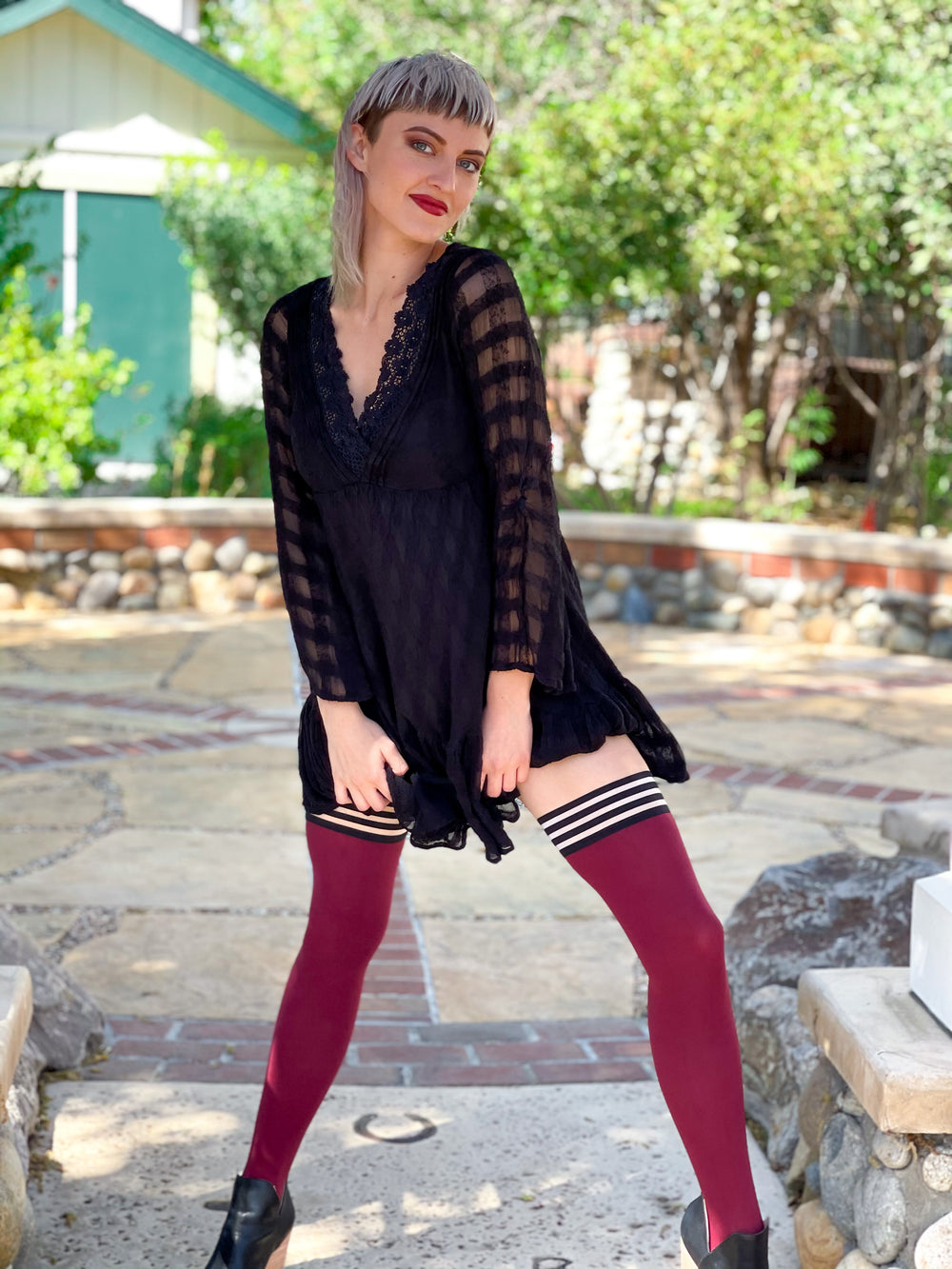 Kix'ies Cabernet opaque thigh-high tights, burgundy hosiery, holiday, fall fashion